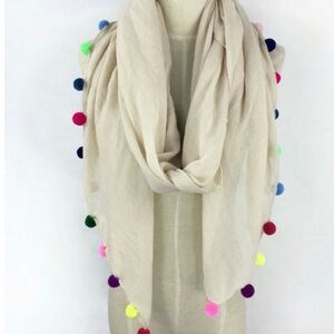 Khaki Scarf With Pom Pom Border NWT